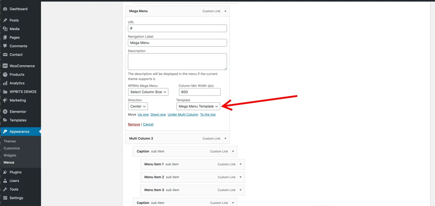 Assign Mega Menu Template