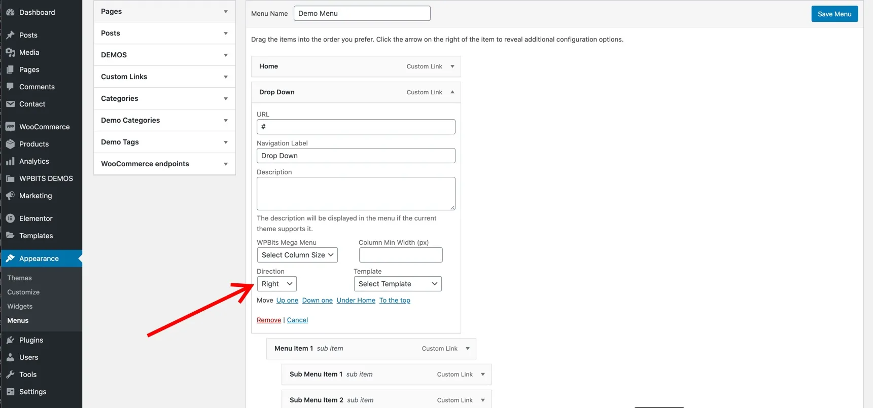 Drop Down Menu Settings
