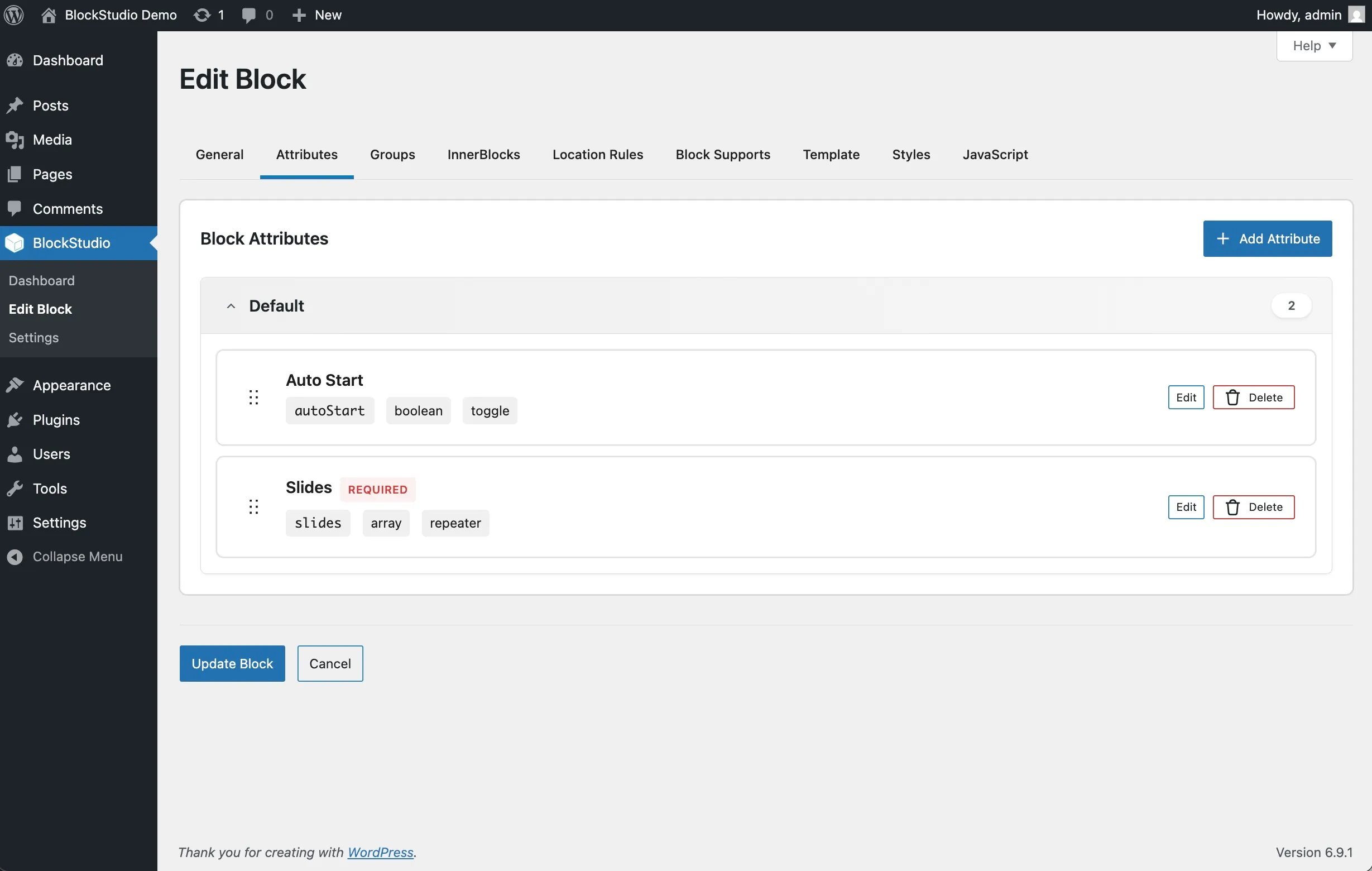 WPBits Block Studio Dashboard - Add attributes to your block