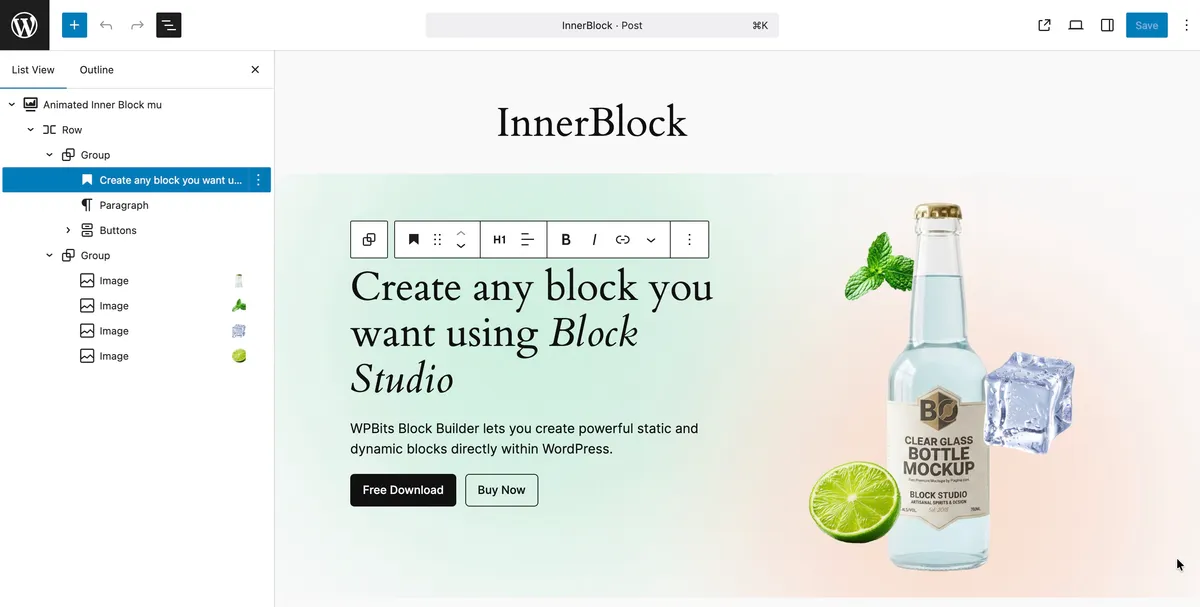 WPBits Block Studio InnerBlocks configuration screen