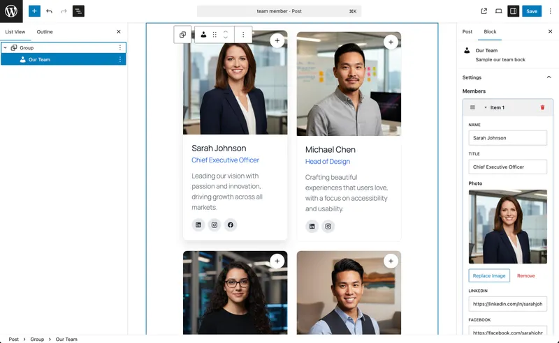 Team member grid block in WordPress