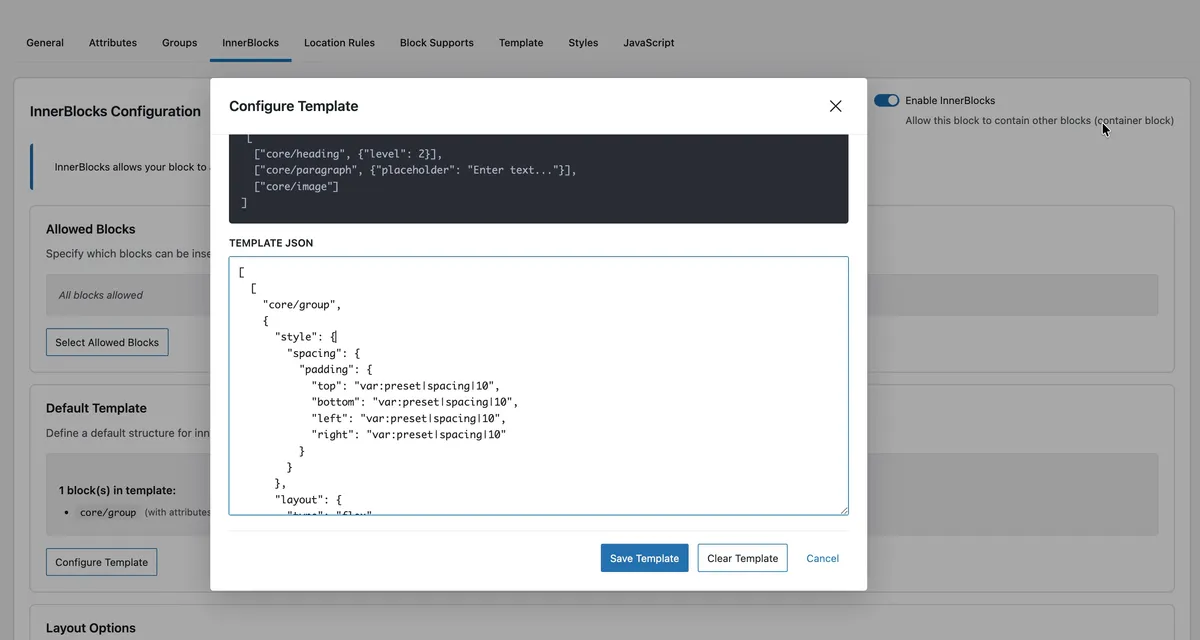 WPBits Block Studio Configure Template modal for InnerBlocks