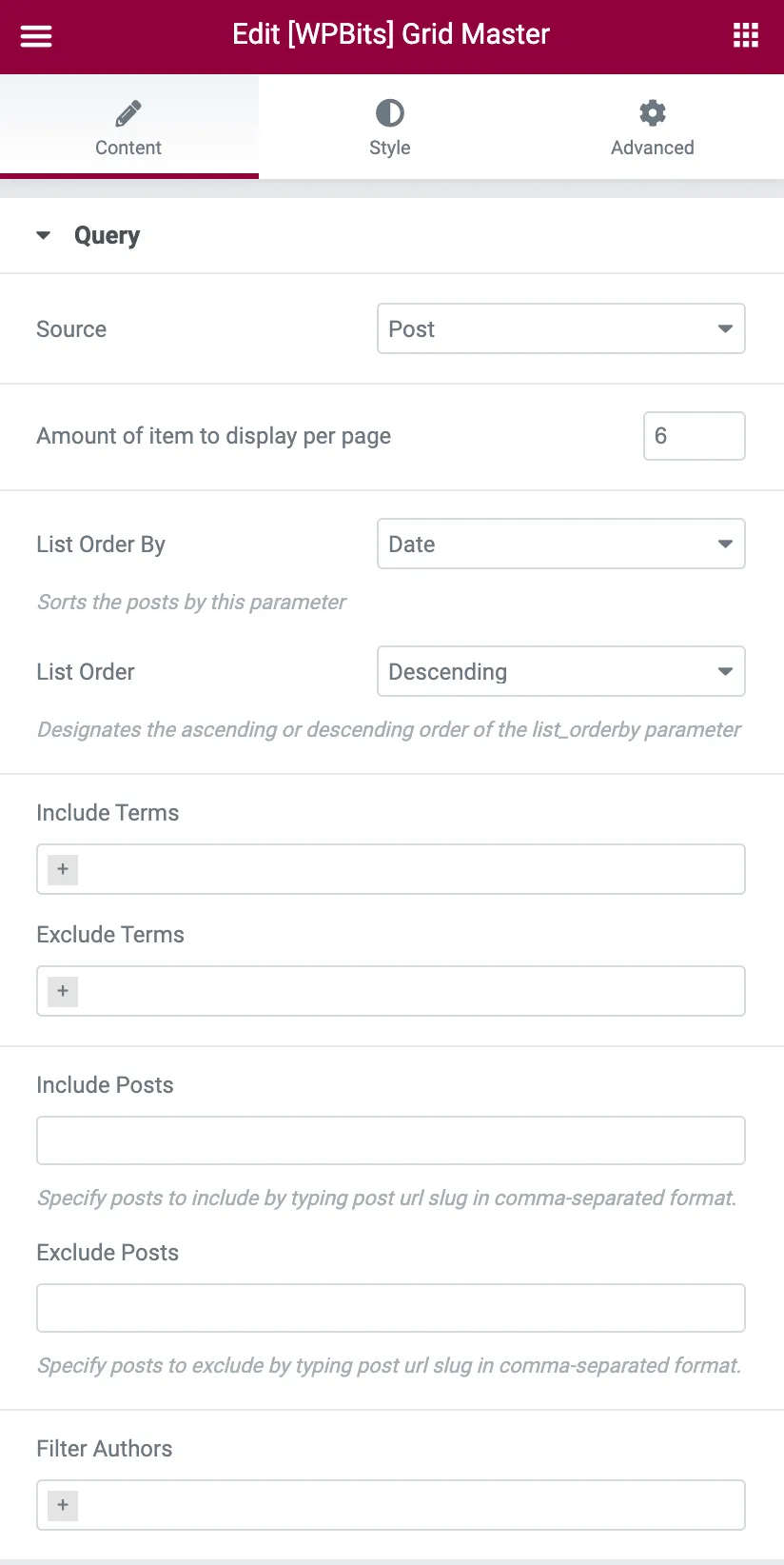 Grid Master Query Settings