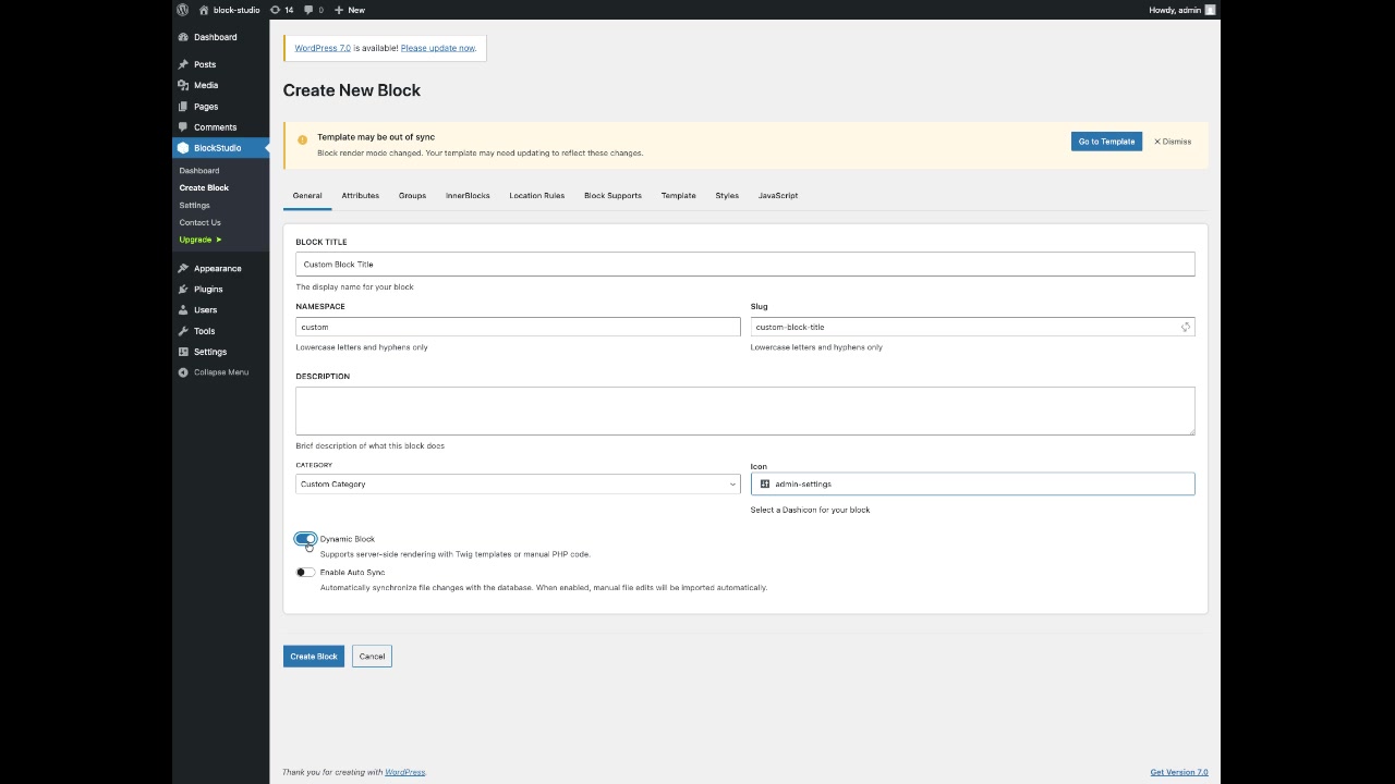 WPBits Block Studio Create Block Interface